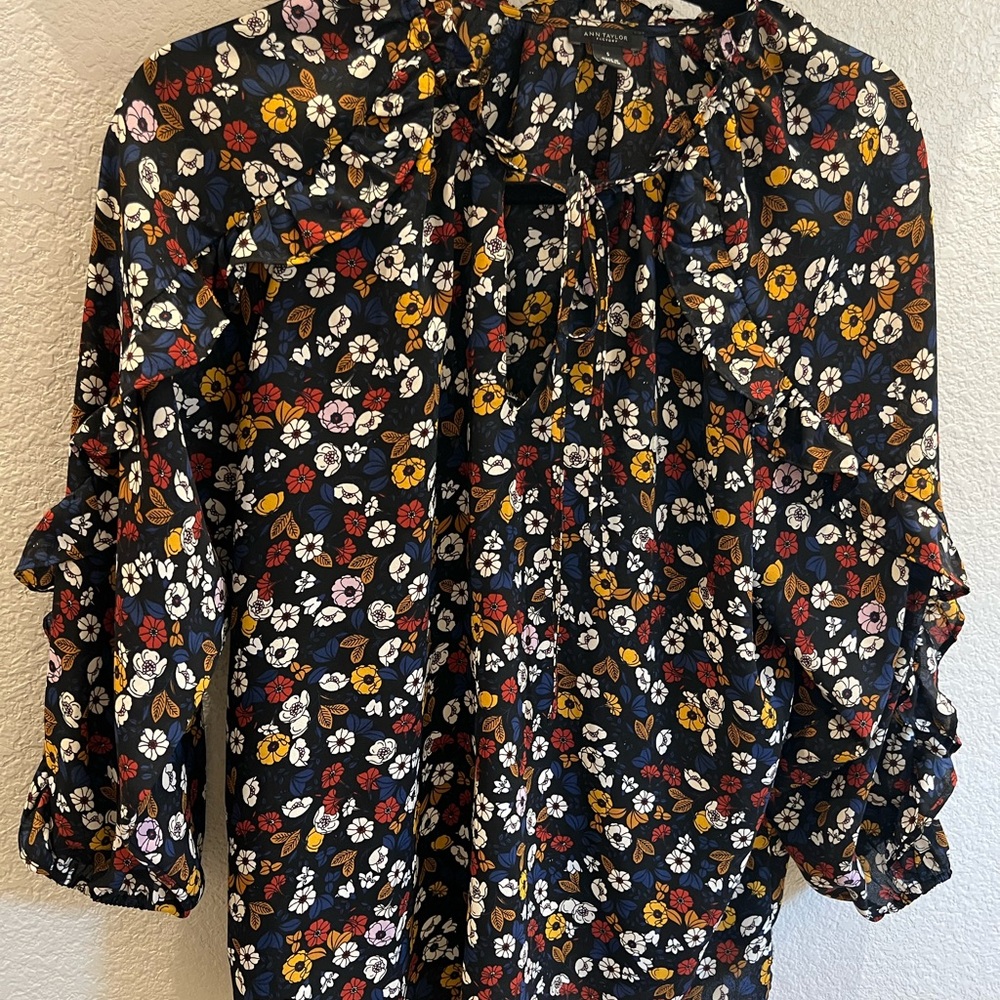 Ann Taylor Floral Tie-Neck Black Blouse with Multi-Color Flowers